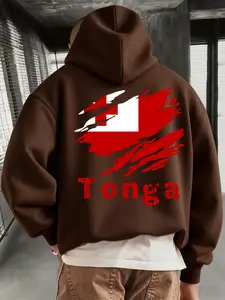 1PCS Casual Hoodie with Kangaroo Pocket, Suitable for Daily Wear & Outdoor Sports, Fleece-Lined Trendy Hoodie for Autumn and Winter, Featuring Tonga Flag Print on Front and Back