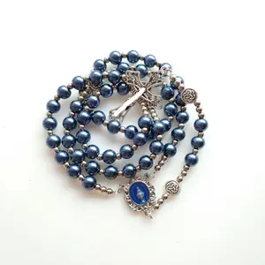 Vintage Blue Glass Faux Pearl Openwork Handmade Beaded Necklace Sweater Chain with Cross Design, Bead Chain Necklaces, Cross Emblem Necklaces