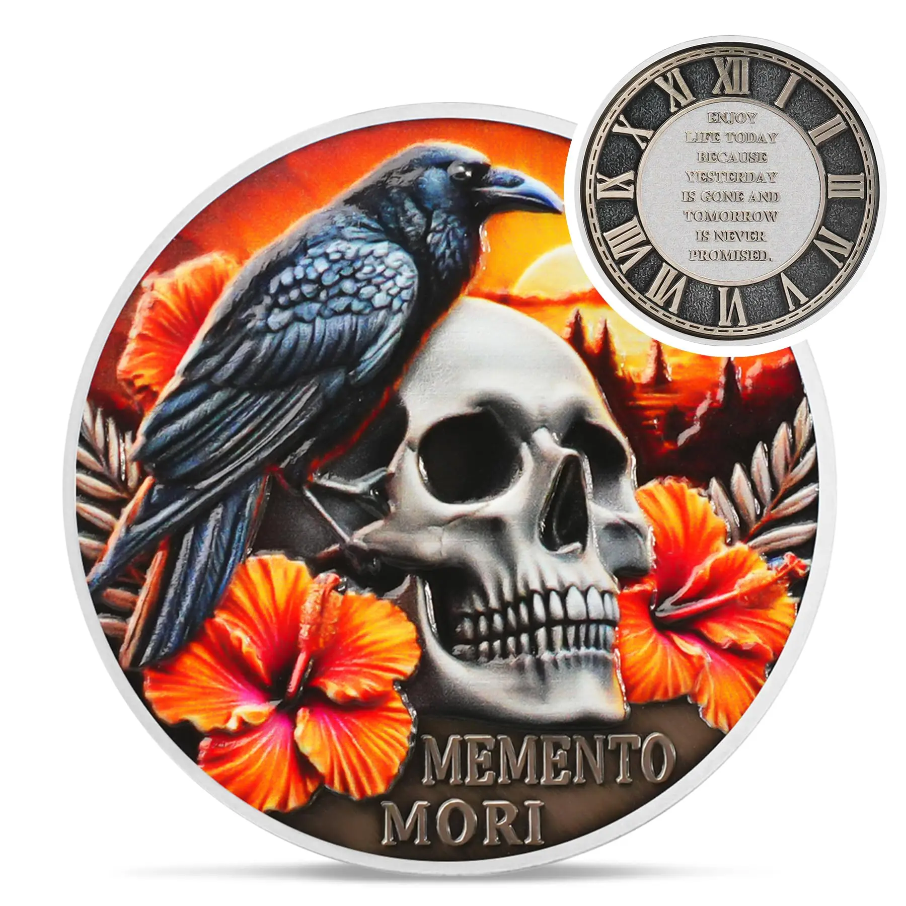Memento Mori Raven Skull Challenge Coin - Tempus Fugit Stoic Art EDC Token with Roman Clock, Ancient Wisdom Death Reminder Daily Practice Medallion, Mens Inspirational Gift (Everyday Carry)