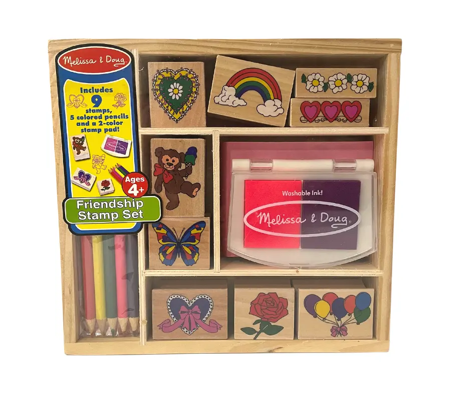 Melissa & Doug Wooden Friendship Stamp Set – Kids Craft Kit with Stamps & Colored Pencils