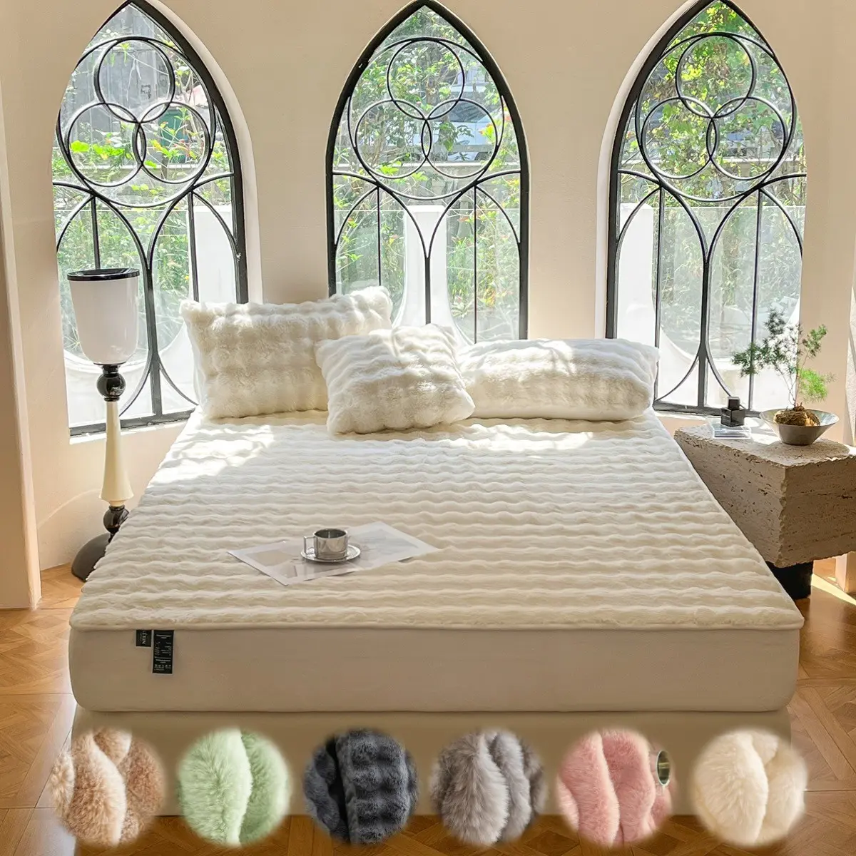 Luxury Faux Rabbit Fur Striped Fitted Sheet Set 3pcs – Ultra Soft Warm Solid Bedding, Elastic Band & Machine Washable, Includes 1 Fitted Sheet + 1/2 Pillowcases, All Season Bedding for Bedroom, Dorm & Sofa Decor, Christmas Gift, Bedding Sheets