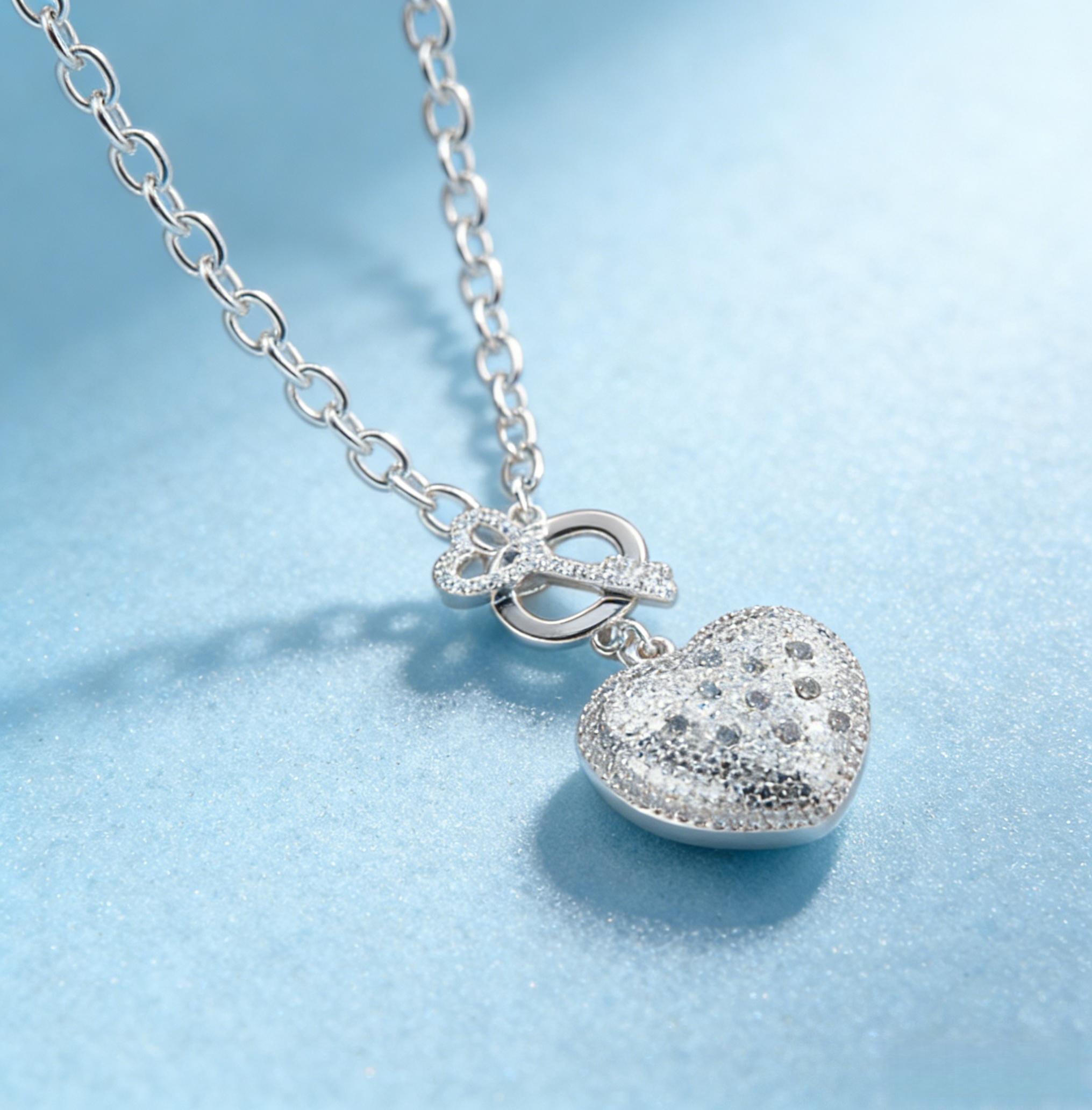 925 Silver Plated Puffed Heart Key Pendant Necklace, 18 Inches, Cubic Zirconia Pave Heart Necklace, Hypoallergenic Y2K Chunky Chain Necklace for Women, Romantic Gift for Her
