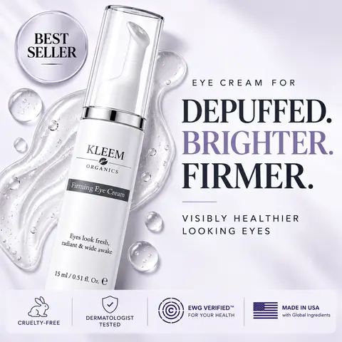 Firming Caffeine Eye Cream - Anti-Age Dark Circles Treatment, Puffiness Reducer, Fine Line Corrector - Massage Applicator | Peptides, Hyaluronic Acid, Niacinamide - All Skin Types | by KLEEM ORGANICS | Single Item - 0.51 fl oz