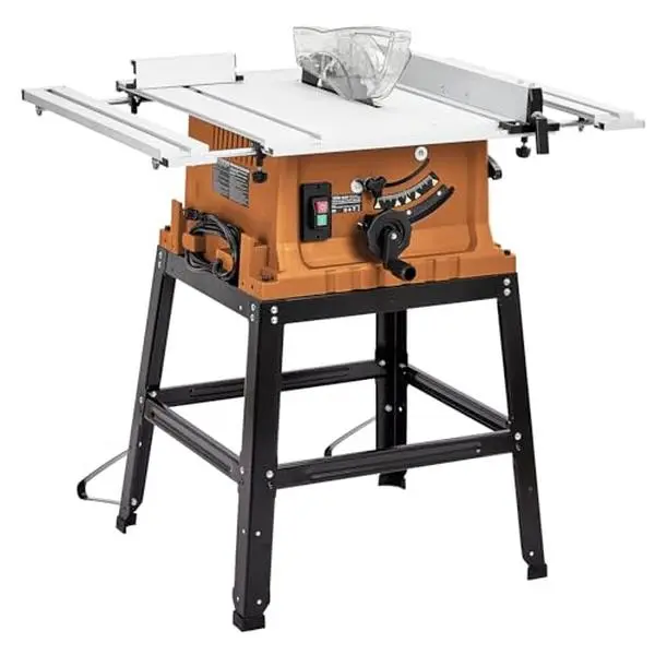 Table Saw, Garvee 10 in 15A Multifunctional Saw with Stand & Push Stick for Jobside, 90° Cross Cut & 0-45° Bevel Cut, Cutting Speed Up to 5000RPM, Adjustable Blade Height, for Woodworking,Orange