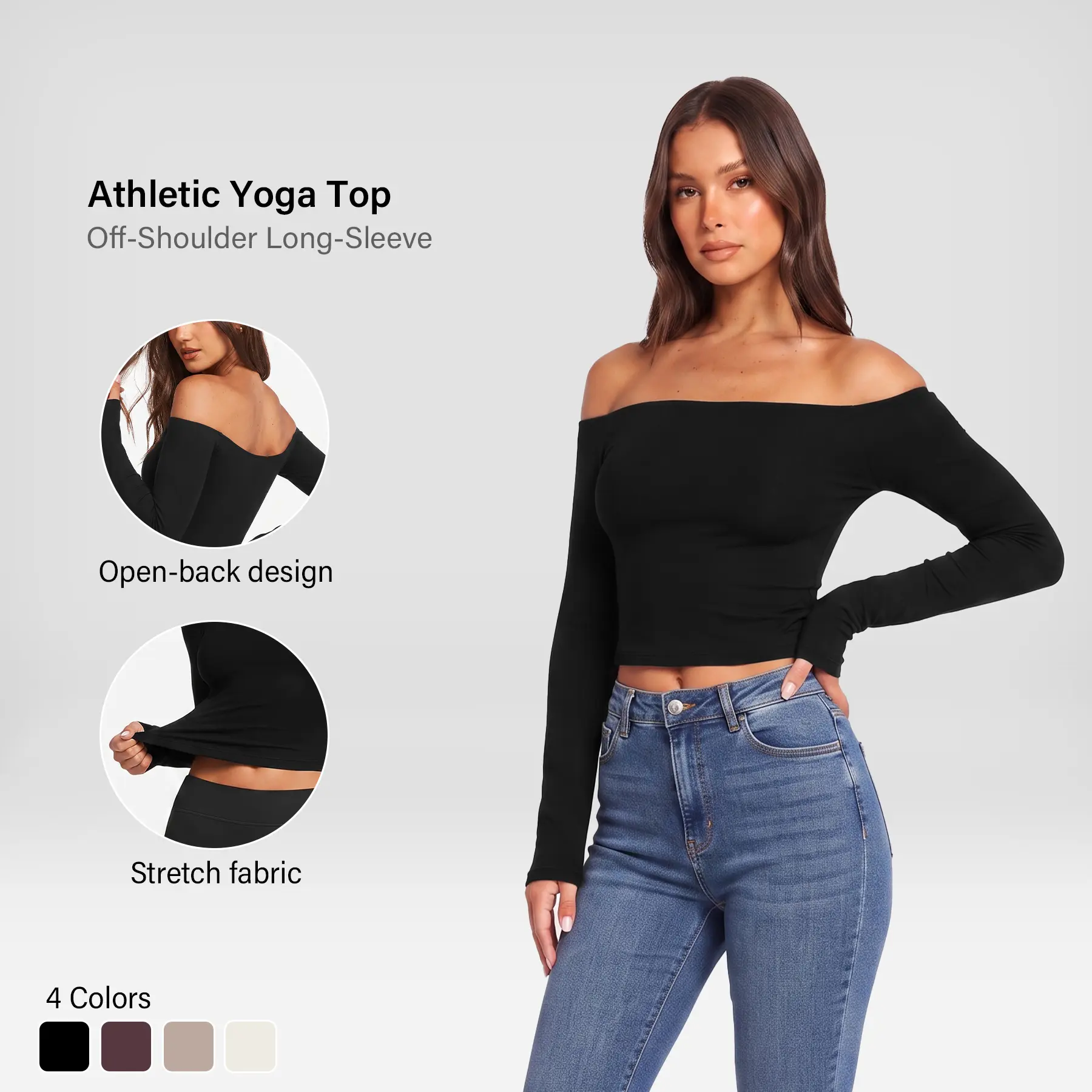 Women's Everyday Summer Wear Off The Shoulder Crop Top Long Sleeve Seamless Fitted Bardot Top  Slim Fit Pilates Yoga Workout Basic Tee Athletic Top Casual Streetwear Going Out