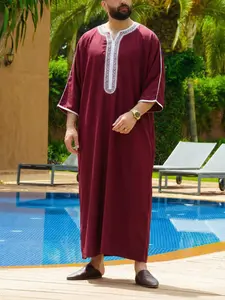 Muslim Men's Thobe Moroccan Style Ethnic Embroidered Islamic Clothing, All Seasons Wear, Festival Party Ramadan Gift, Loose-Fitting