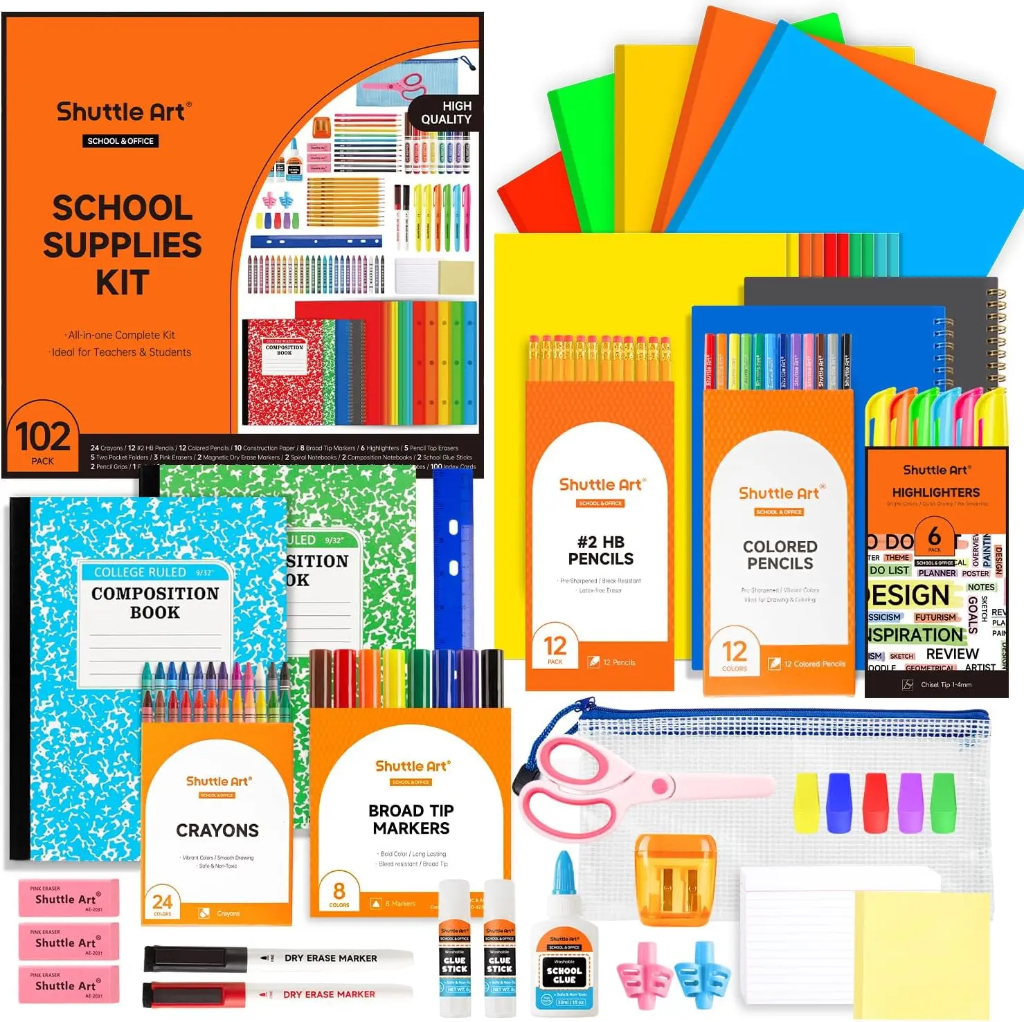 Shuttle Art 102 PCS Back to School Supplies Kit, School Supply Box for Grades K-5, School Supplies for Students, Including Pencils, Pens, Markers, Erasers, Notebooks, Folders and More