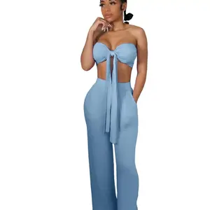 Slim wrap Chest casual two-piece sets Beach Outfit Polyester Womenswear Chic Comfortable Pants Overalls  Leg Tube Wide Leg Lady Basic Hat Spandex