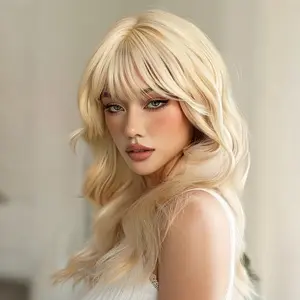 Elegant Long Body Wavy Blonde Wig with Bangs for Women | Heat-Resistant Synthetic Wave Hair with -Looking, Voluminous Curls, Versatile Hair Accessory, Cosplay Wig, Party Hairpiece, Daily Wear, Fashion Lovers, Christmas Daily Use