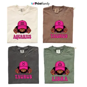 [Full 12 Zodiac] Zodiac Black Girl Pink Graphic T-Shirt, Aquarius Taurus Libra Tee, Astrology Birthday Gift, Cute Afro Girl Shirt, Unisex Vintage Tee