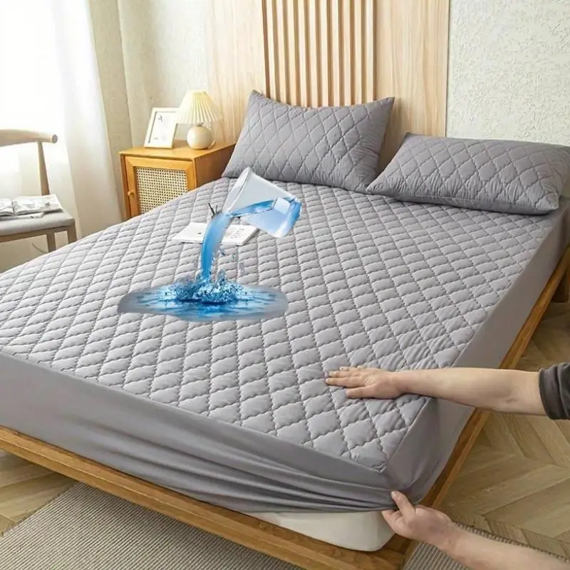 Solid Color Waterproof Plaid Textured Fitted Sheet, 1 Count Spring Soft Simple Bedding Quilted Mattress Cover for Bedroom, Guest Room, Apartment, Scho