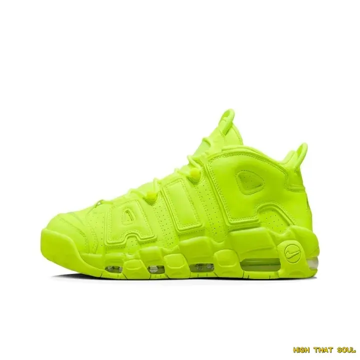 Neon Fluorescent Green Unisex High Top Sneakers, leather upper with embossed letters, breathable perforations, visible air cushion, slip-resistant rubber sole, for basketball and street casual wear