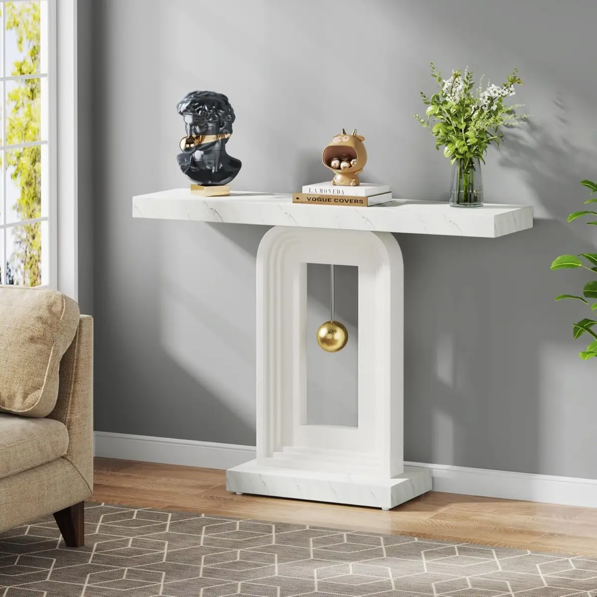 212 MAIN 40 in. Modern Narrow Indoor Entryway Console Table - Modern Furniture, Faux Marble White Top, Geometric Base, MDF Frame, Scratch-Resistant Surface
