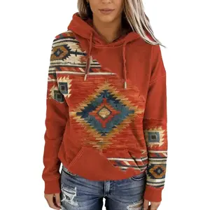 Women's Bohemia Ethnic Pattern Hoodie,Casual Navajo Style Printed Long Sleeve Hooded Sweatshirt for Daily Holiday Vacation Wear, Ladies Clothes for Spring & Summer