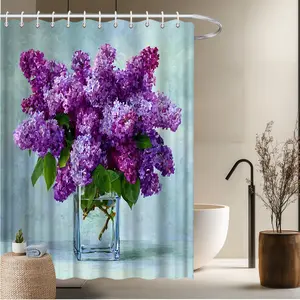 1pcs Floral Theme Bath Curtain-2D Purple Lilac Vase Decor Home Curtains Bathroom Decor Bathtub Decor 70.8x70.8 inches