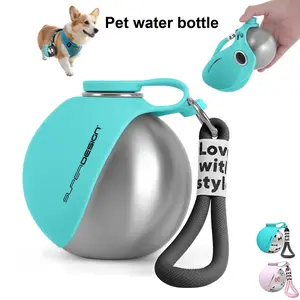 Portable Pet Dog Water Bottle, 304 Stainless Steel Round, Large Capacity Food Grade Silicone, Indoor Outdoor Use, Easy Clean Foldable