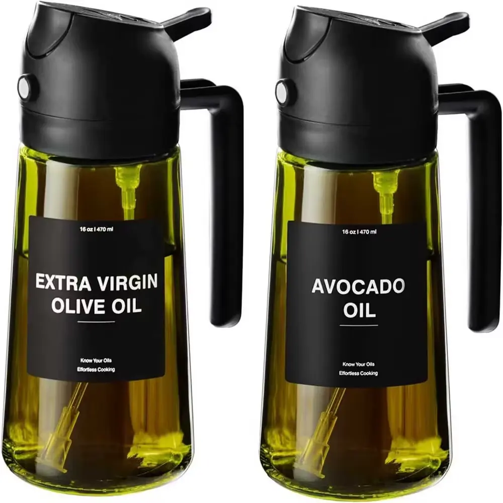 AuraHome 2-in-1 Glass Oil Sprayer & Mess-Free Oil Dispenser (16oz/470ml) - Premium Leak-Proof Mist Kitchen Utensil for Air Fryer, Salad - BPA-Free Thick Glass, Aesthetic Organizer with Labels, Mess-Free Oil Dispensers