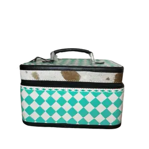 TURQUOISE CHECKER TOOLED LEATHER & COWHIDE JEWELRY BOX