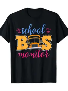 Men'S Vintage School Bus Monitor Graphic T-Shirt - Funny Bus Driver Costume Party Tee, Heavyweight 220GSM Cotton Crewneck Shirt for School Staff, Bus Drivers - Everyday Casual & Themed Events Apparel, Driver T Shirt, Playful Design, Comfortable Fit, Retro