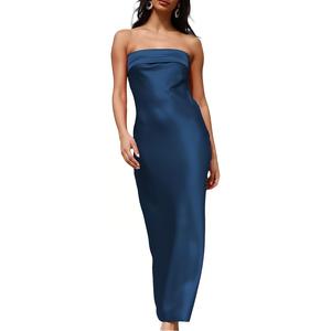 Realtix Satin Silk Backless Tube Tops Maxi Dress for Women Low Back Hollow Out Elegant Strapless Long Dresses Wedding Guest Party Evening Dresses