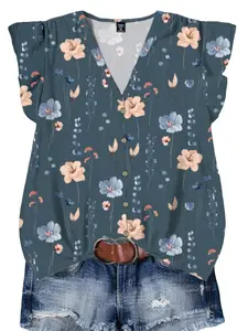New Women's Casual Fashion V-Neck Pleated Short Sleeve Regular Fit Digital Print Top Shirt, Stylish Ladies' Blouse for Daily Wear