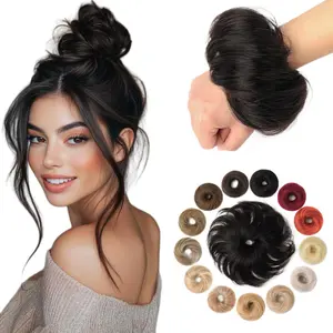 Messy Bun Hair Piece 100% Real Human Hair Natural Black Wavy Tousled Stretchy Fluffy Donut Updo Elegant Chignon with Elastic Rubber Band(1 Count#1B Natural