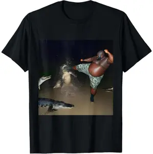 100% Cotton Men's Sports Top, Hilarious Oddly Specific Meme Design - Man Kicking Alligator In Swamp Graphic T-Shirt for Outdoor Activities