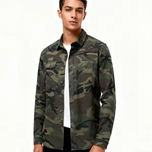 Yuanbang Men's Camouflage Printed Denim Shirt Button-Front Long Sleeve Streetwear Menswear Outfit Cloth Patch-Pocket Top All-Season Christmas New Year Party Look