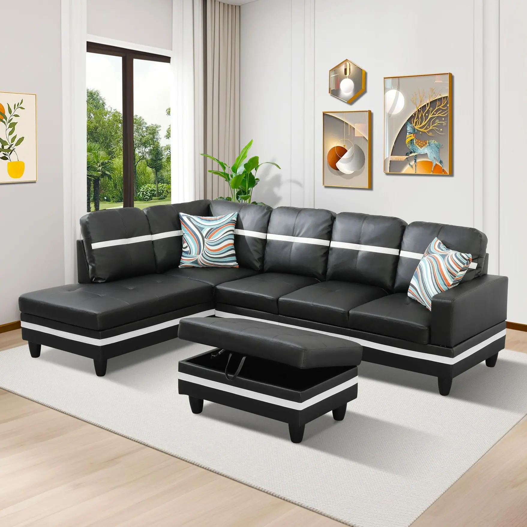 3-Piece 2-Tone Faux Leather Sofa Set with Fixed Arms, Sturdy High-Contrast Color-Block Upholstery, Modern Contemporary Living Room Indoor Couch, Assembly Required Home Furniture