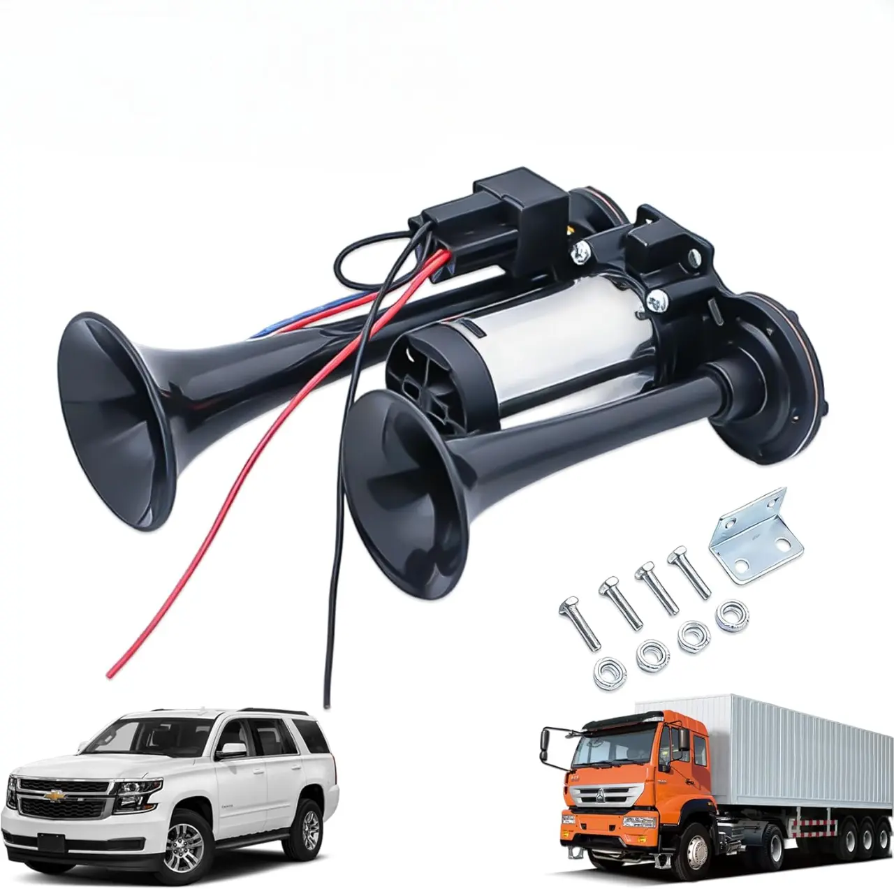 Air Train Horn Kit with Compressor, Super Loud 12V Dual Trumpet Air Horn Kit for Truck Car Pickup Trains Lorrys, Easy to Install & Waterproof and Durable (12V Black)