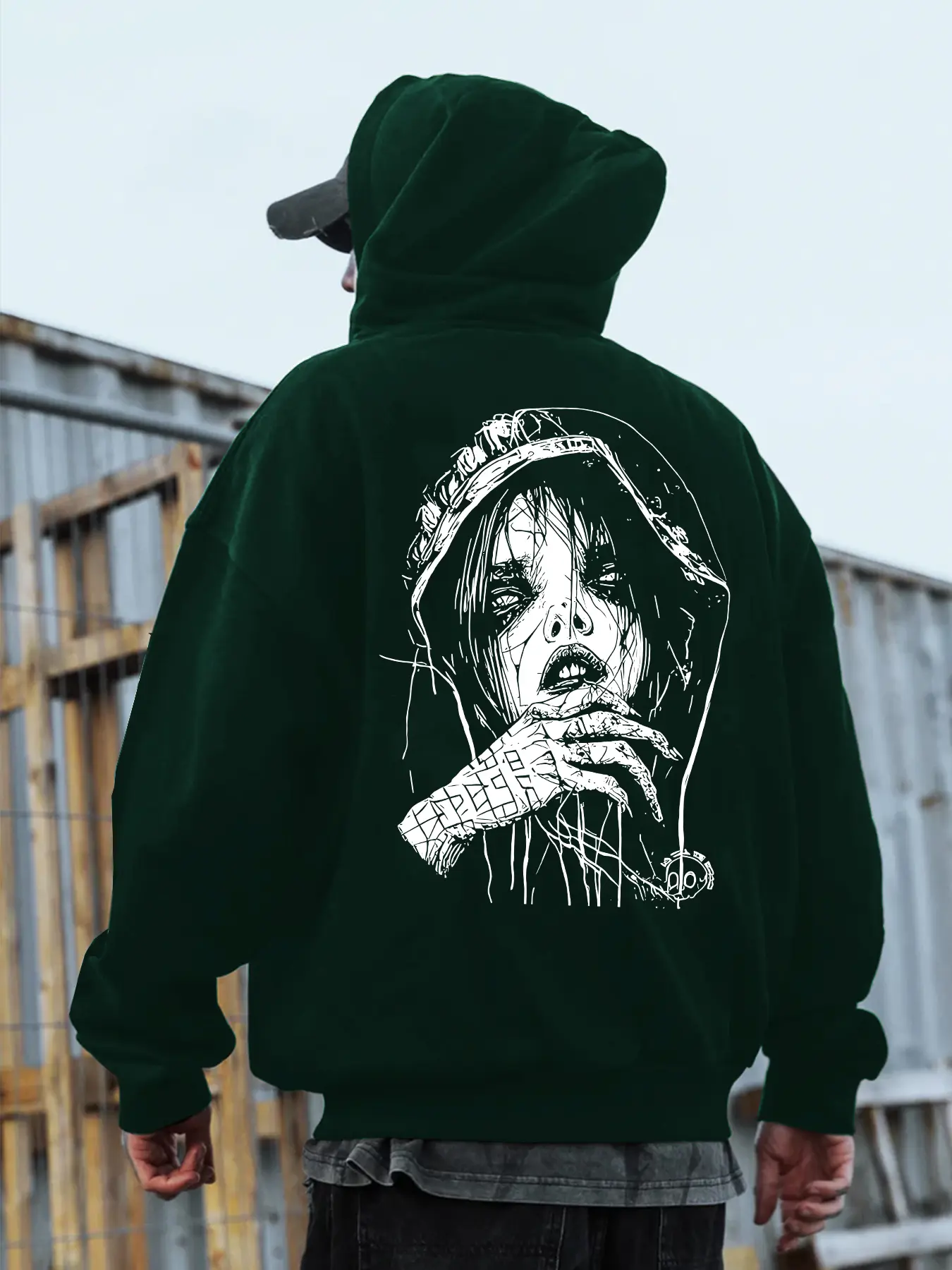 Men's Gothic Cartoon Print Fitted Hoodie Sweatshirt with Kangaroo Pocket, Comfortable Polyester Knit Fabric, Casual Fall & Winter Streetwear