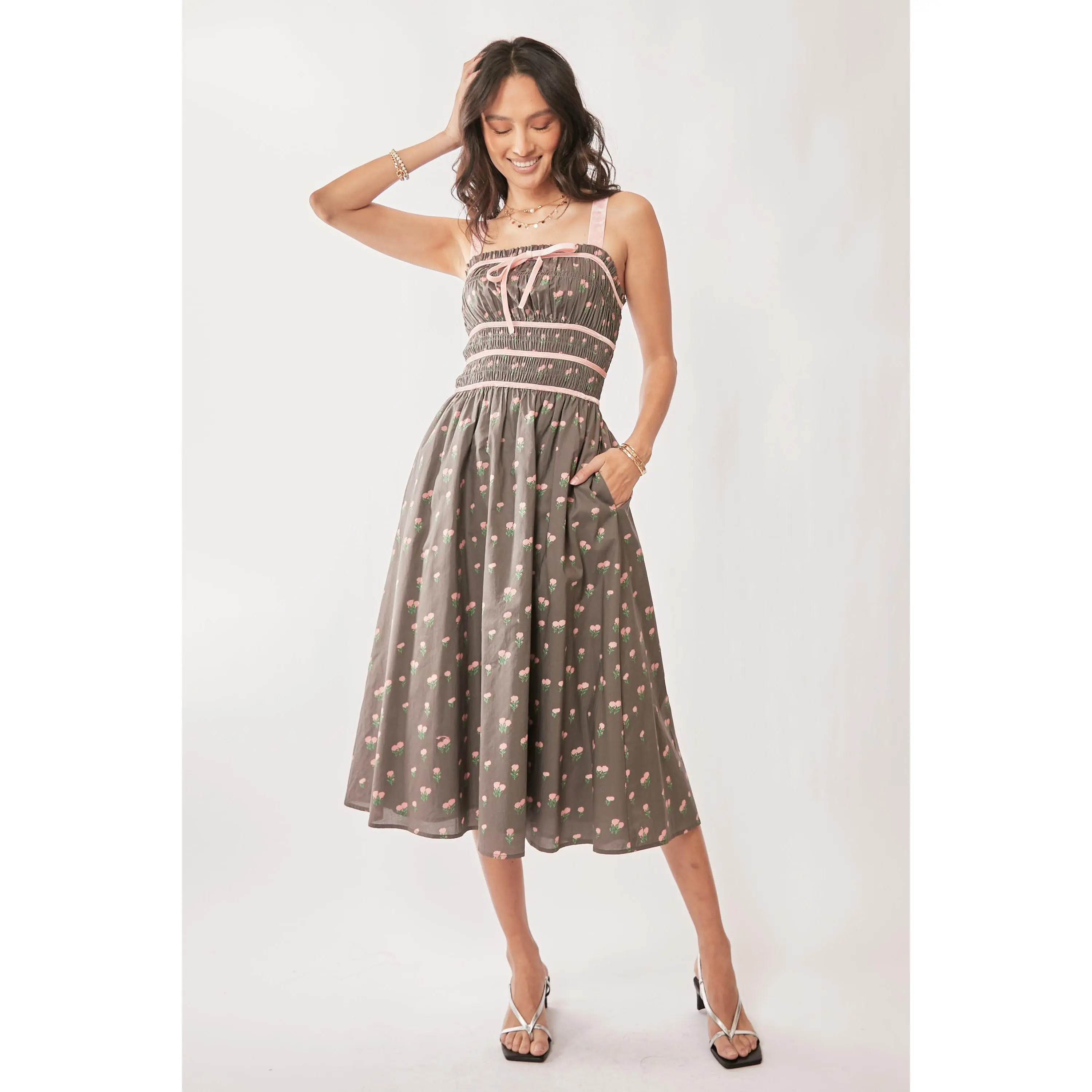 Davi & Dani Contrast Velvet Tape Smocking Bodice Midi Dress