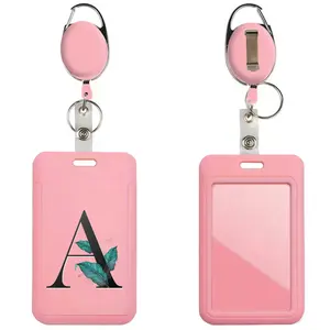 Durable Plastic ID Badge Clip, Dustproof Card Holder with Keychain, Waterproof Lanyard, Employee Work Badge Protector, Leaf Initial Design
