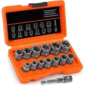 Bolt Extractor Kit,13+1 Piece Impact-Grade CR-MO Steel Nut Remover Set, 3/8" Drive Socket for Removing Frozen/Rusted/Rounded Bolts & Lug Nuts (Sizes 8-19mm),Automotive & Machinery Repair