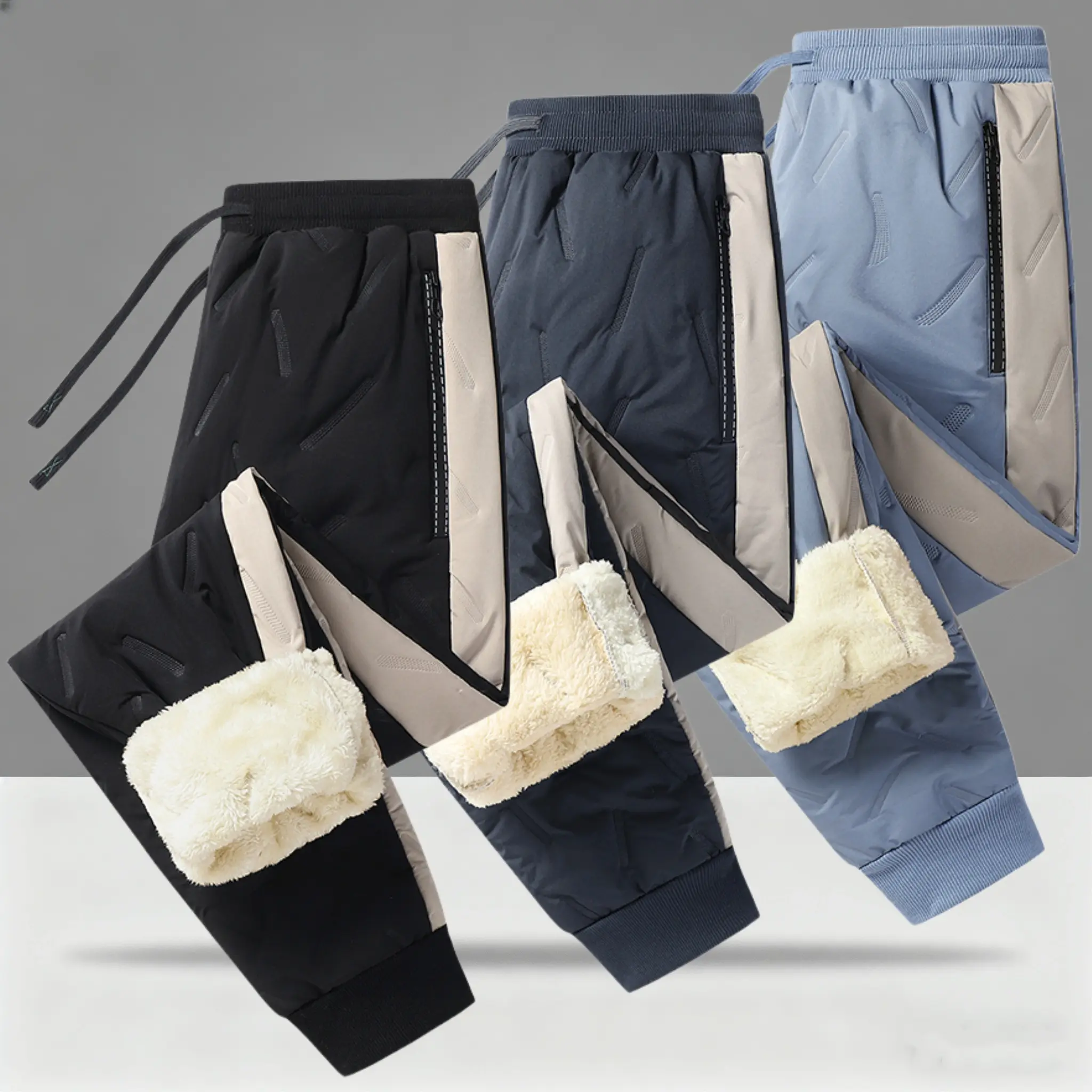 Three stripe colorblock fleece casual pants, everyday practical style, fleece design meets warmth needs for autumn and winter, drawstring waist adjustment for convenience, zipper pockets for easy storage of small items