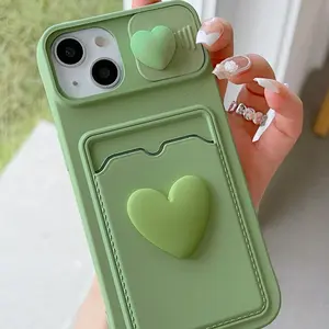 Sliding Transparent Heart-Shaped Pendant Card Holder Protective Aesthetic Cellphone Smartphone Casing Protector Case, Fits iPhone 6/7/8/x/XS/XR/XS Max/11/12/13/14/15/16 Pro Max Accessories
