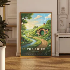 The Shire Poster Lord of the Rings Wall Art, LOTR Middle Earth Travel Print, Tolkien Inspired Hobbit Home Landscape, Cozy Green Hills Decor