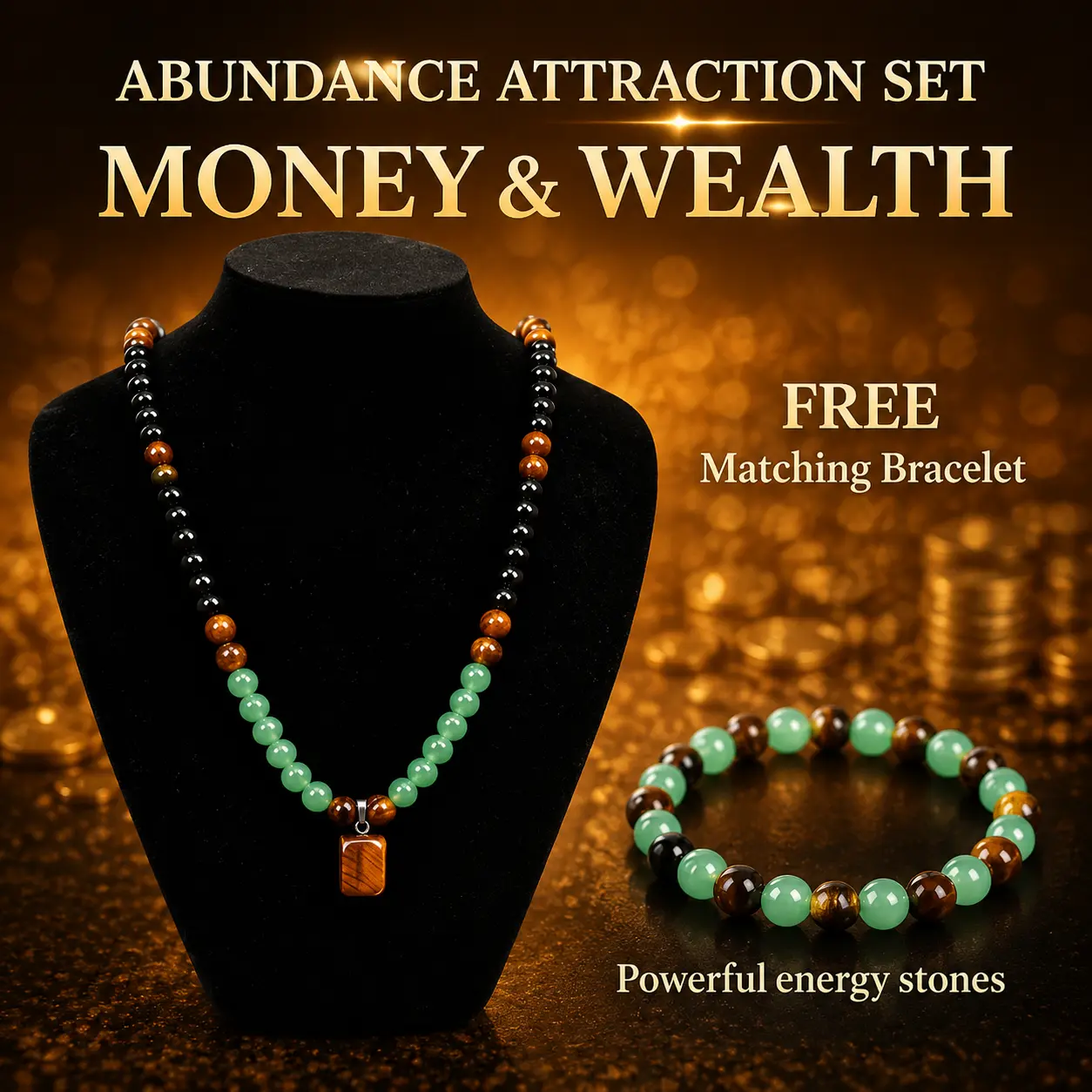 Men’s & Women’s 2-Piece Jewelry Sets - 1pc Necklace + 1pc Bracelet, 15-20cm Adjustable Fit, 20g Green Aventurine & Tiger Eye Pendant Healing Crystal, Wealth Abundance Gift for Fashion Costume Accessories