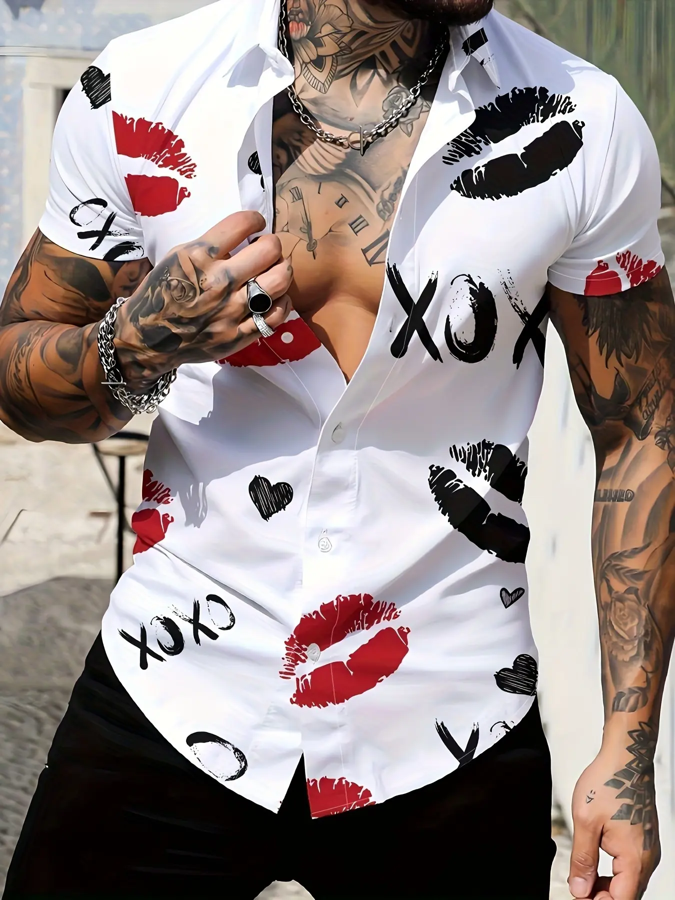 Men's Short Sleeve Collared Shirt, White Base with Lip and Heart Print, Trendy Casual Street Style, Bold Statement Shirt