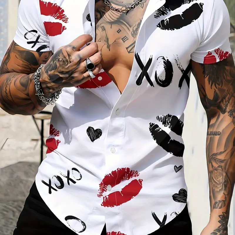 Men's Short Sleeve Collared Shirt, White Base with Lip and Heart Print, Trendy Casual Street Style, Short Sleeved Shirt