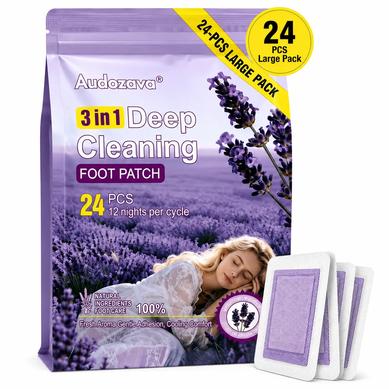 Lavender Foot Care Patches, 24 Count Overnight Foot Pads, 12-Night Supply, Gentle Adhesive Foot Pads with Fresh Aroma for Daily Foot Care Routine