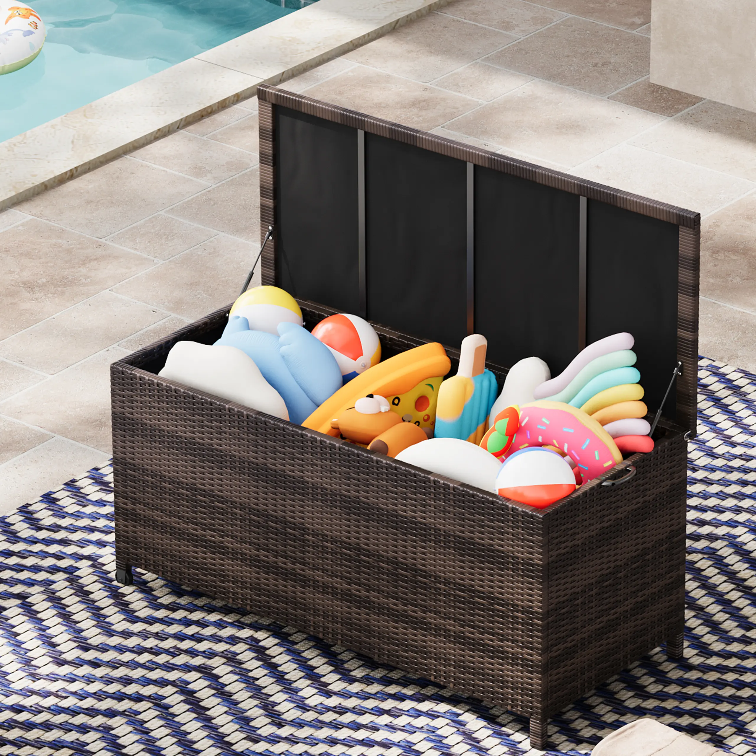 Large 125 Gallon Outdoor Deck Storage Box with Wheels & Handles, Heavy Duty Waterproof PE Rattan Chest for Patio, Garden & Poolside – Weatherproof Multi-Purpose Organizer