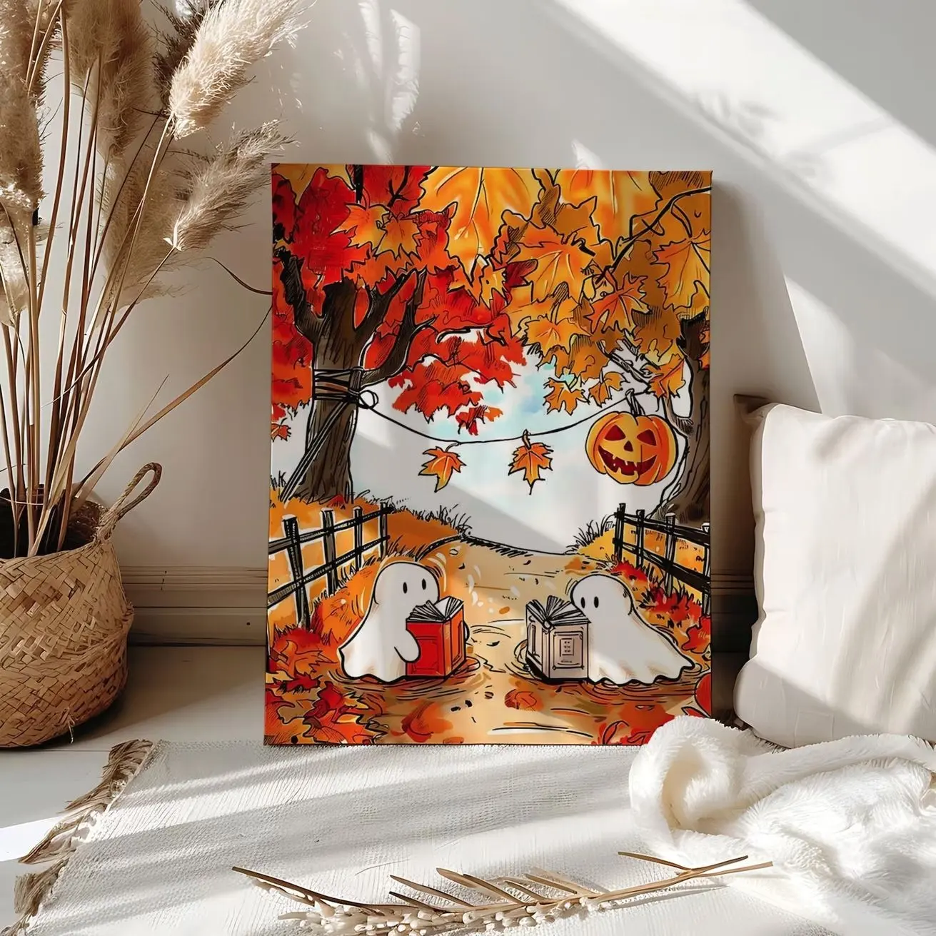 Fall Cute Ghost Reading Book Paint by Number Kit Little Ghost Pumpkin Maple Leaves Paint Numbers Autumn Wall Art Reading Lover Reading Gift