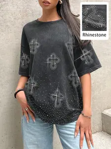 Women's Casual Loose-Fit Round Neck T-Shirt, Rhinestone Cross Pattern, Perfect for Daily Wear & Outdoor Activities, Stylish Comfortable Top