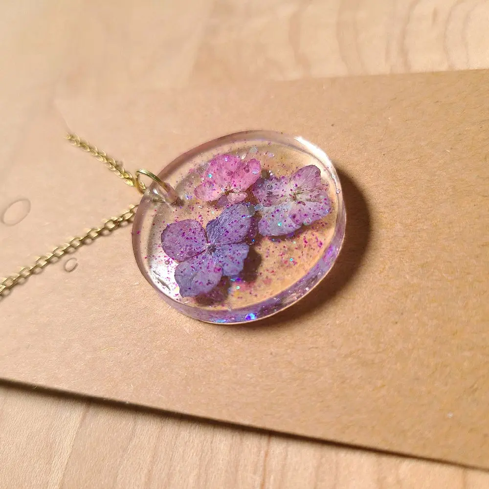 Handmade Dried Pink and Purple Hydrangea Flower Resin Necklace