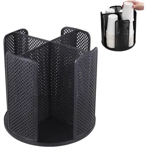Rotating Coffee Cup Holder with Lid Organizer and 4 Compartment Paper Cup Dispenser, Durable Countertop Storage for Home Office Cafe
