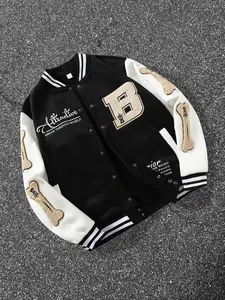 American Vintage Velour Embroidered Bone Patch Baseball Jacket, High Street Trendy Big B Letter Loose Streetwear Coat Unisex