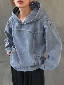 Aswulk Women's Casual Pullover Denim Jacket Vintage Distressed Jean Hoodie Jacket Tops With Side Pockets