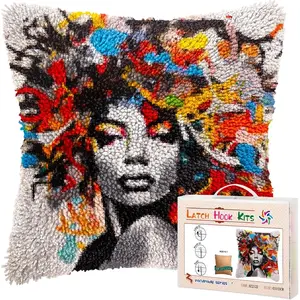 Abstract African Woman DIY Latch Hook Pillow Kits for Adults Printed Pillowcase Crochet Yarns Hooking Handmade Pillow Cover Cushion for Home Sofa Decoration 17x17inch