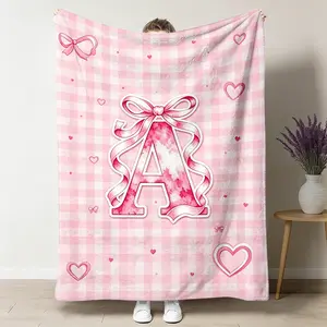 Custom Letter A To Z Flannel Throw Blanket, Pink Gingham Check Bow With Heart Soft Cozy Gift For Her, Warm For Living Room Bedroom Office Nap, Birthday Valentine Gift For Daughter Girlfriend Bestie, Personalized Initial Keepsake Home Decor